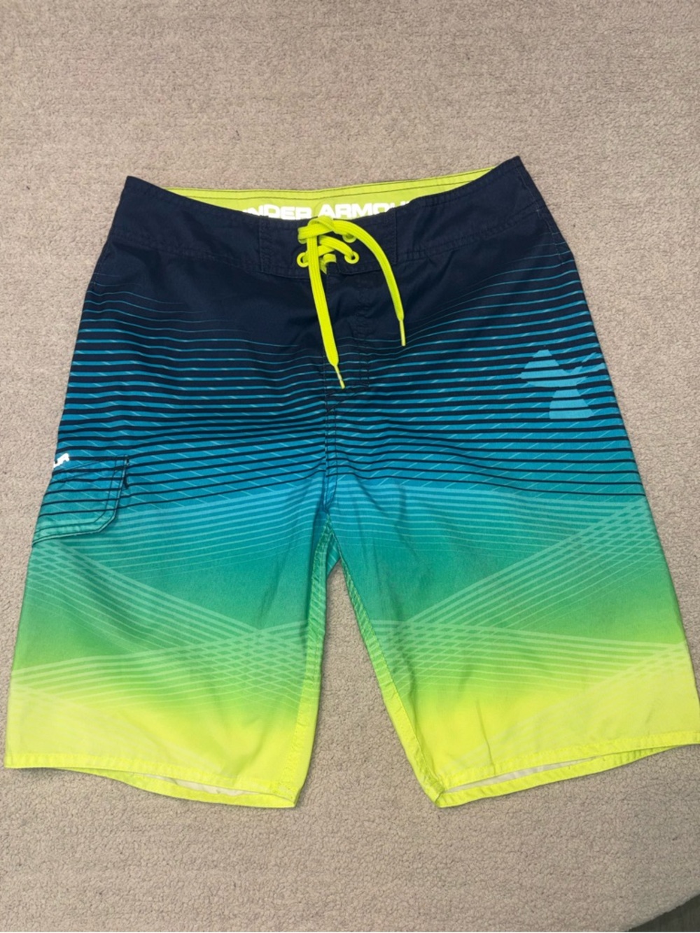Under Armour Boys' Board Shorts Swim Trunks - Blue Green Neon Fade Pattern